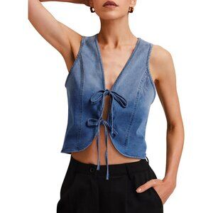 Women's Denim Vest Crop Sleeveless V Neck Tie Front Retro Top Large
